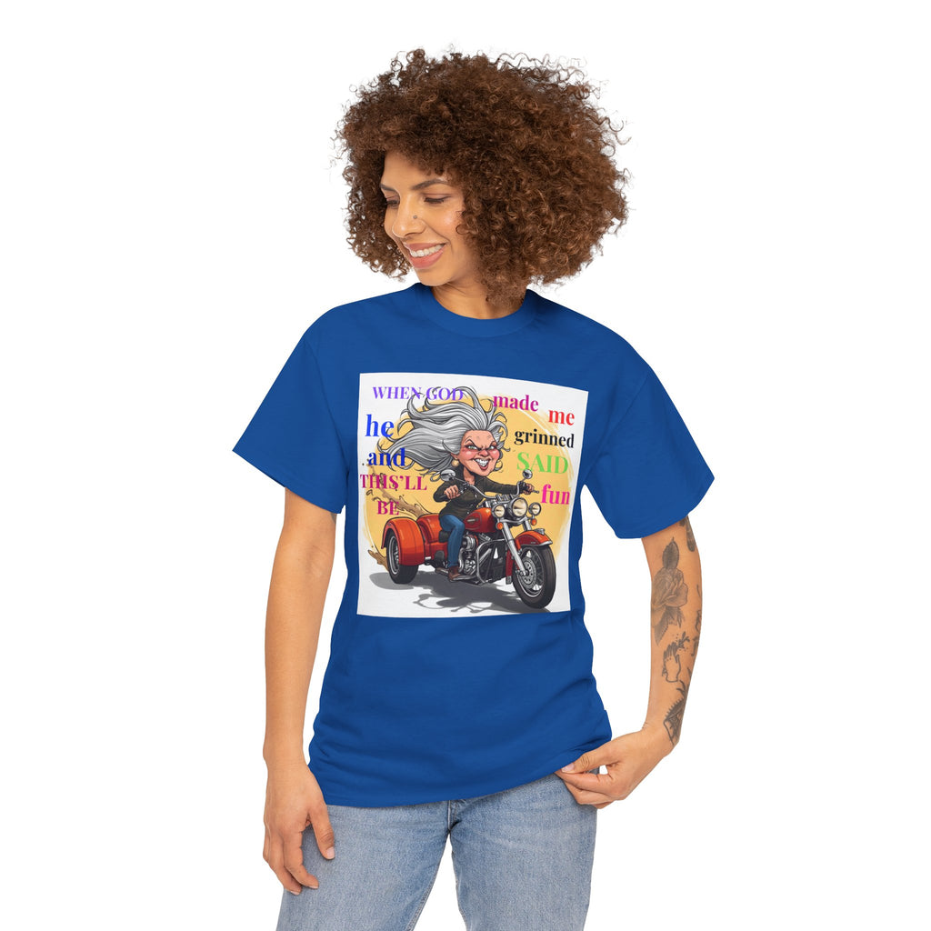 Motorcycle Grandma T-Shirt — "When God Made Me He Grinned" Biker Tee