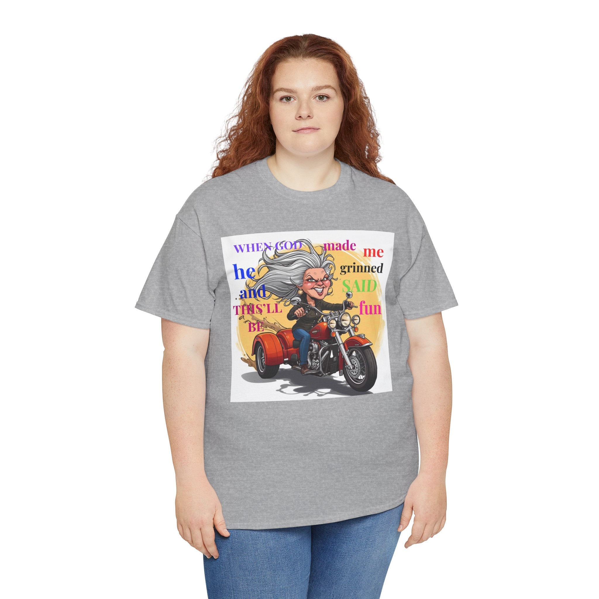 Motorcycle Grandma T-Shirt — "When God Made Me He Grinned" Biker Tee