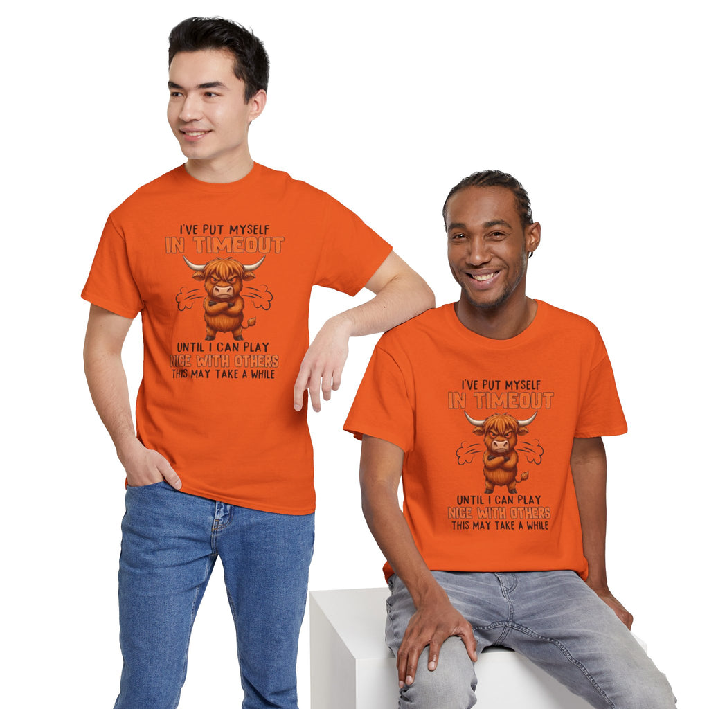 Funny 'I've Put Myself in Timeout' T-Shirt — Cute Grumpy Highland Cow Humor Tee