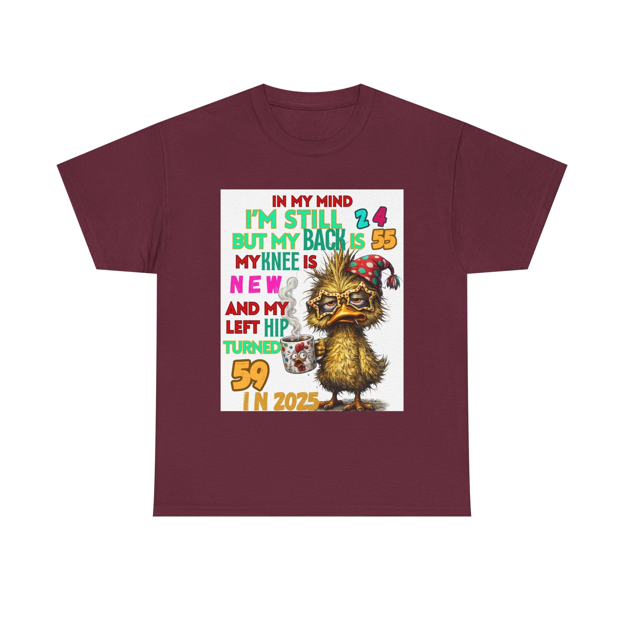 Funny 59th Birthday T-Shirt – Retro Duck Graphic “In My Mind I’m Still 24… Left Hip Turned 59”