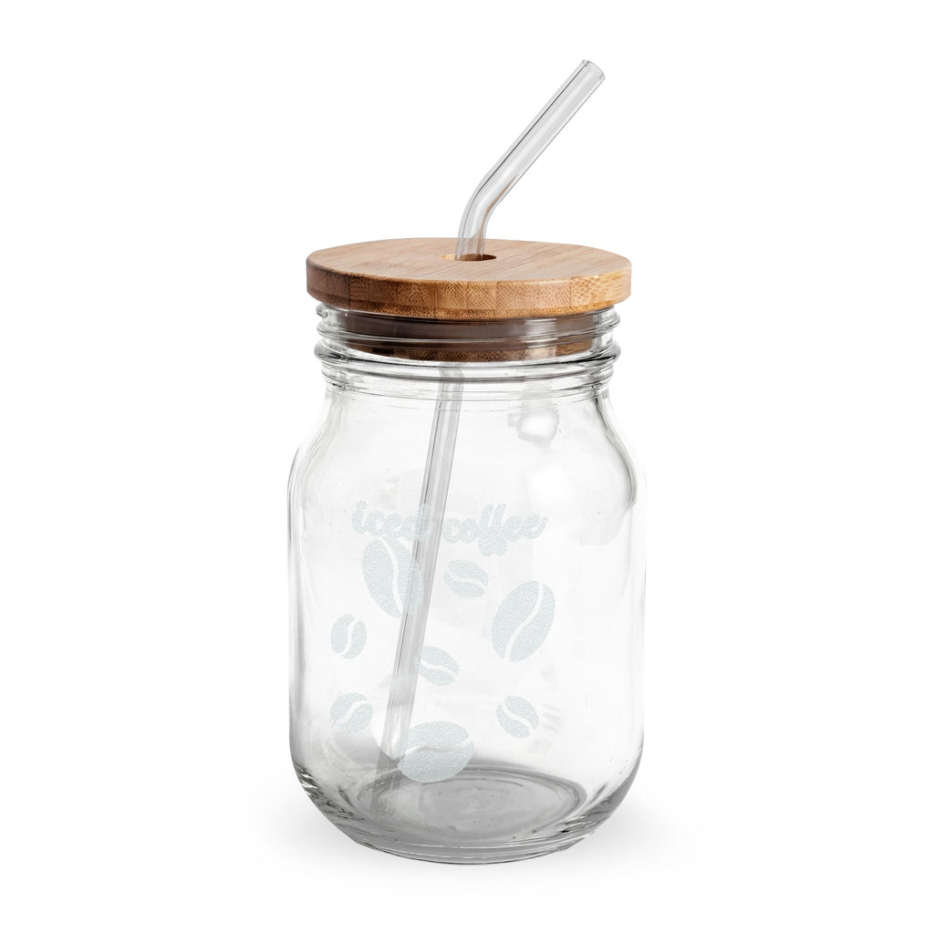 16oz Engraved Glass Sipper Jar with Bamboo Lid & Straw — Coffee Bean Design
