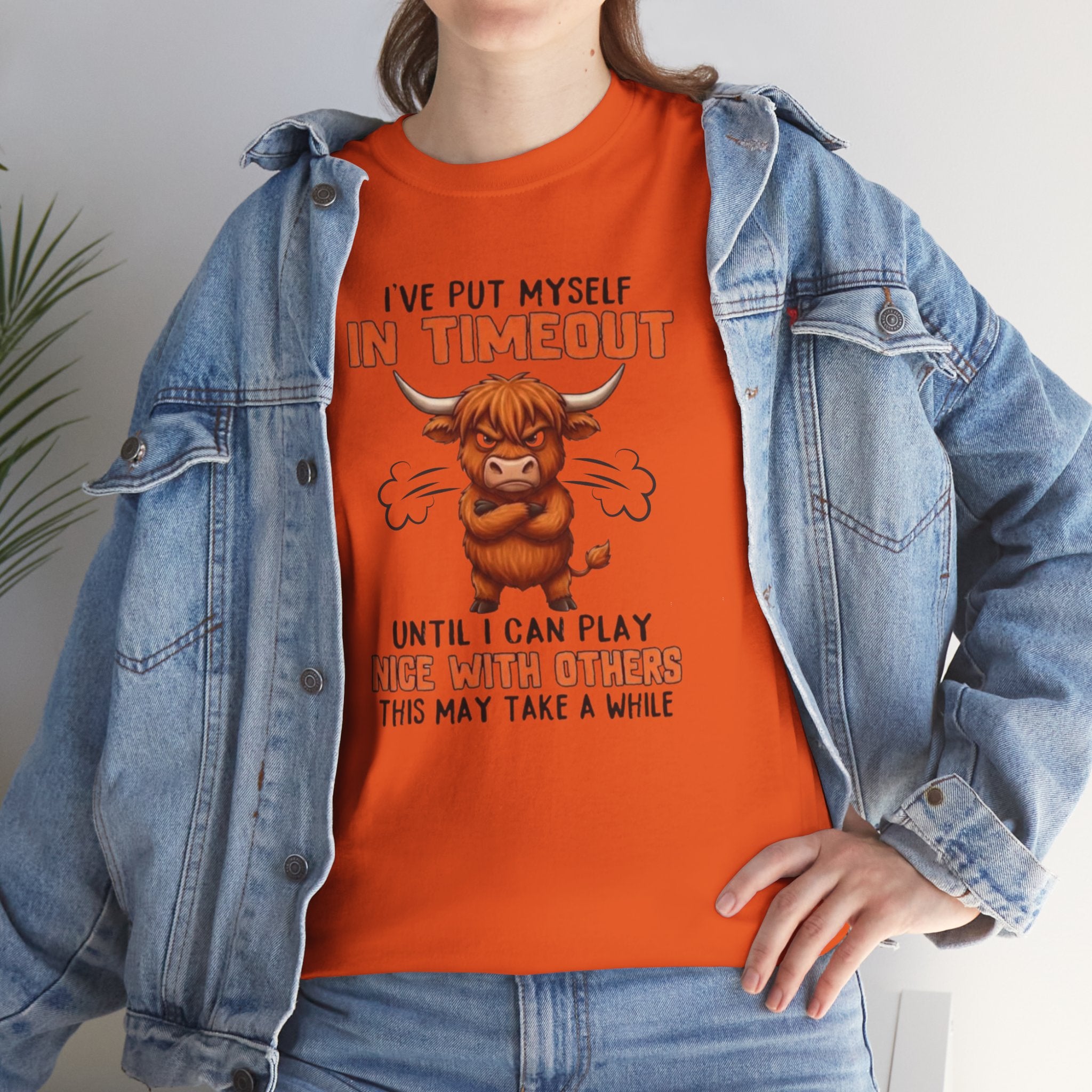 Funny 'I've Put Myself in Timeout' T-Shirt — Cute Grumpy Highland Cow Humor Tee