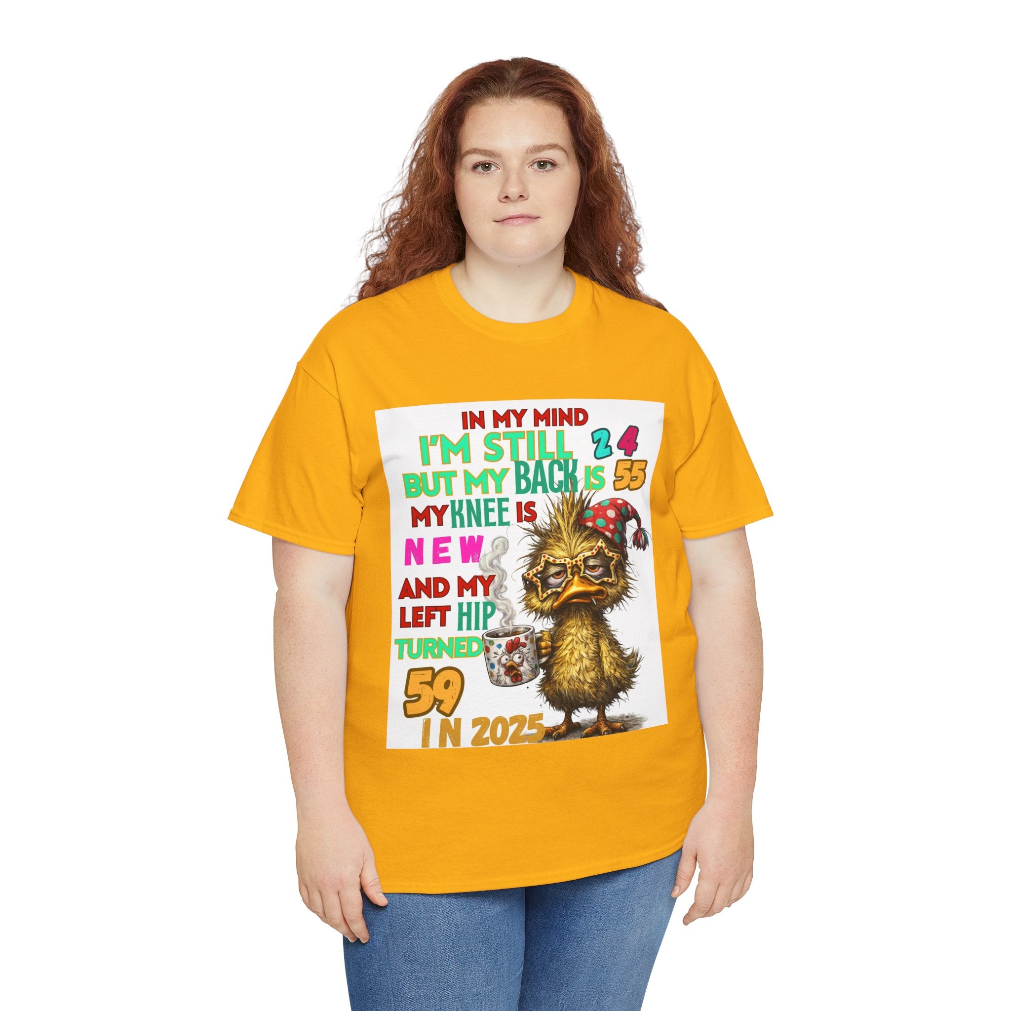 Funny 59th Birthday T-Shirt – Retro Duck Graphic “In My Mind I’m Still 24… Left Hip Turned 59”
