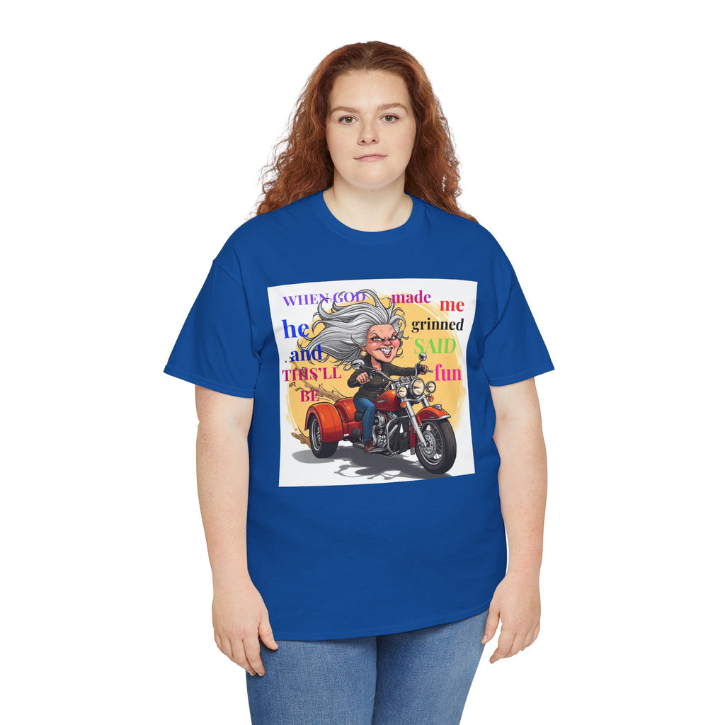 Motorcycle Grandma T-Shirt — "When God Made Me He Grinned" Biker Tee