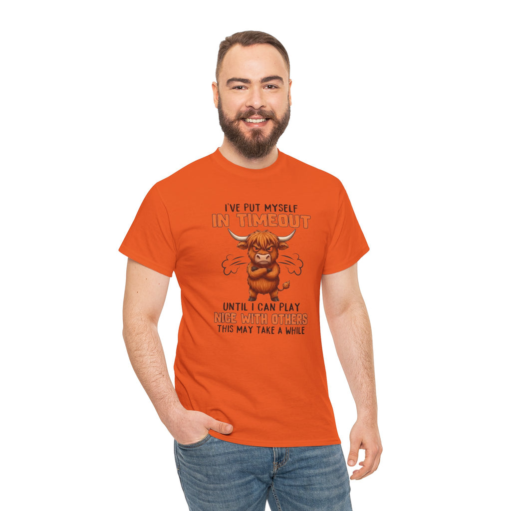 Funny 'I've Put Myself in Timeout' T-Shirt — Cute Grumpy Highland Cow Humor Tee