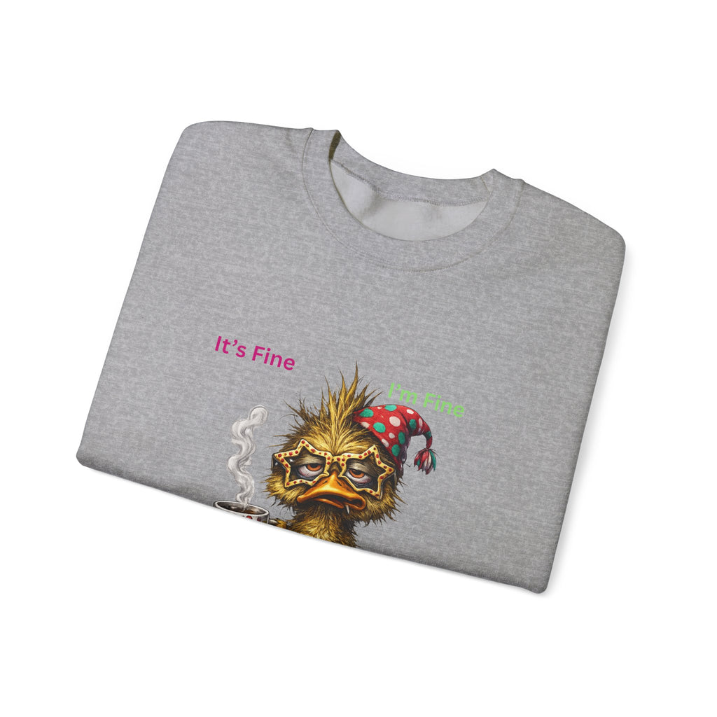 Crewneck Sweatshirt — "It's Fine, I Have Coffee" Cute Sleepy Chick Coffee Sweatshirt