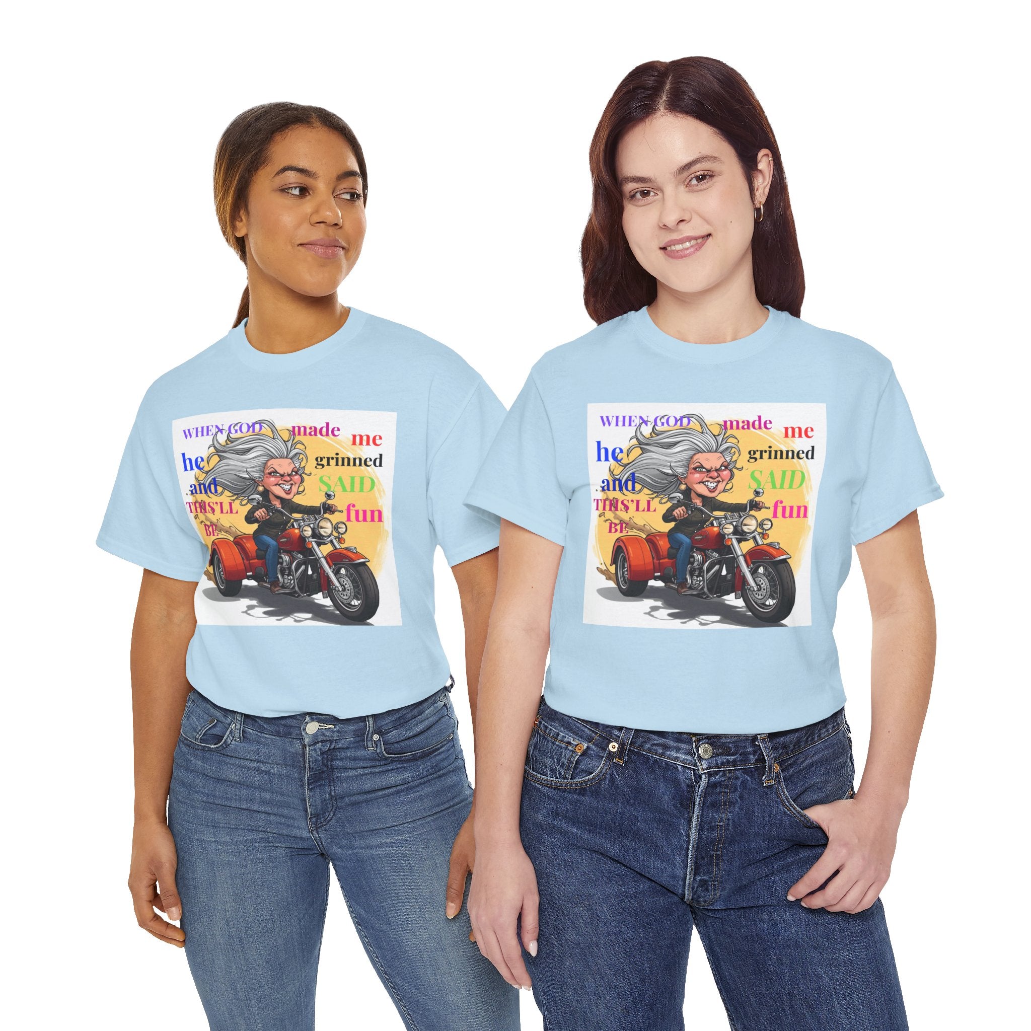 Motorcycle Grandma T-Shirt — "When God Made Me He Grinned" Biker Tee