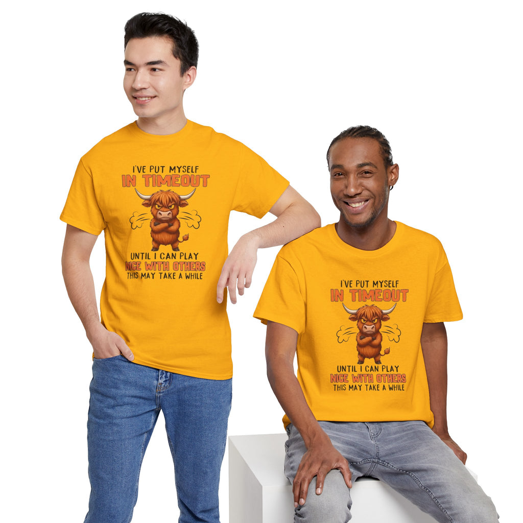 Funny 'I've Put Myself in Timeout' T-Shirt — Cute Grumpy Highland Cow Humor Tee