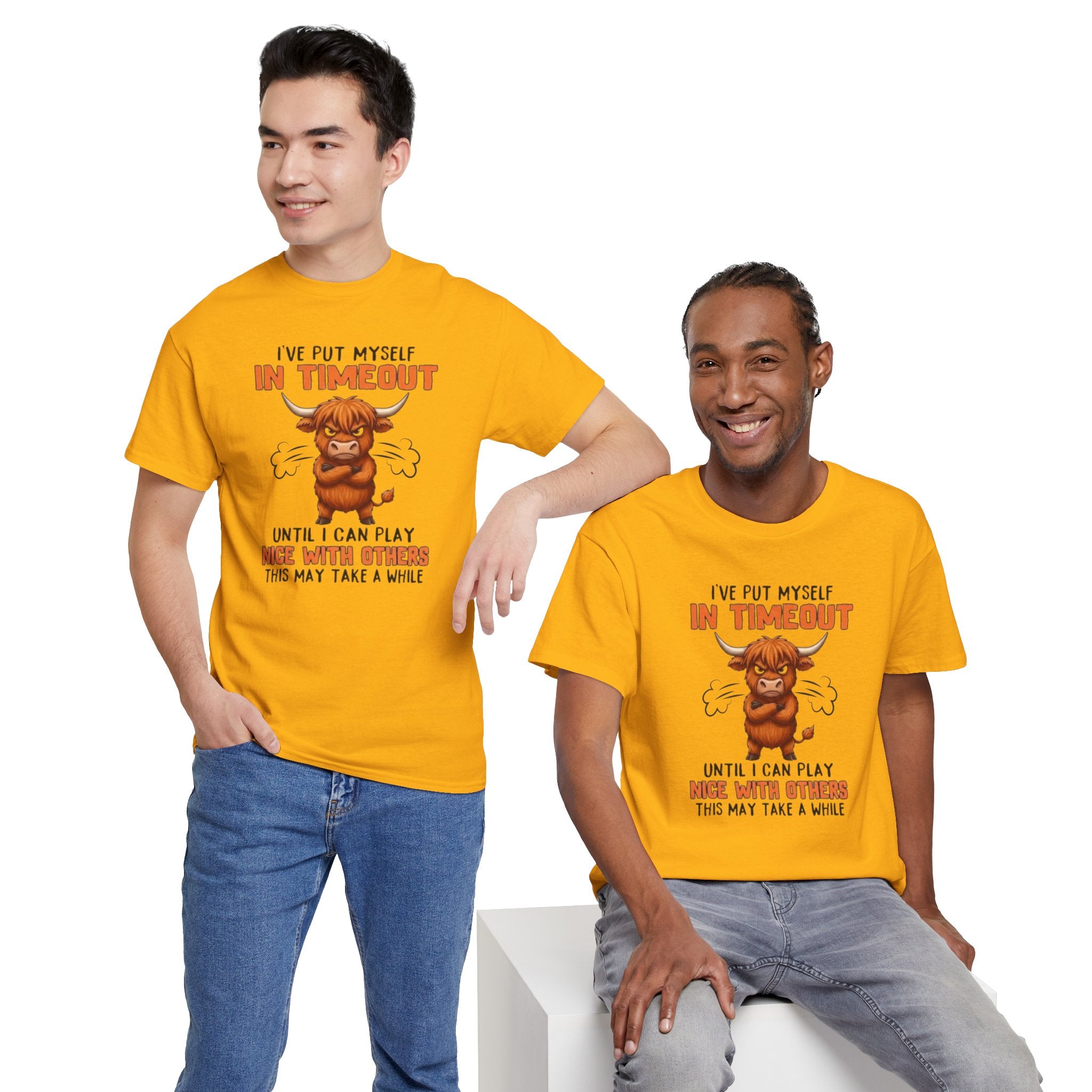 Funny 'I've Put Myself in Timeout' T-Shirt — Cute Grumpy Highland Cow Humor Tee