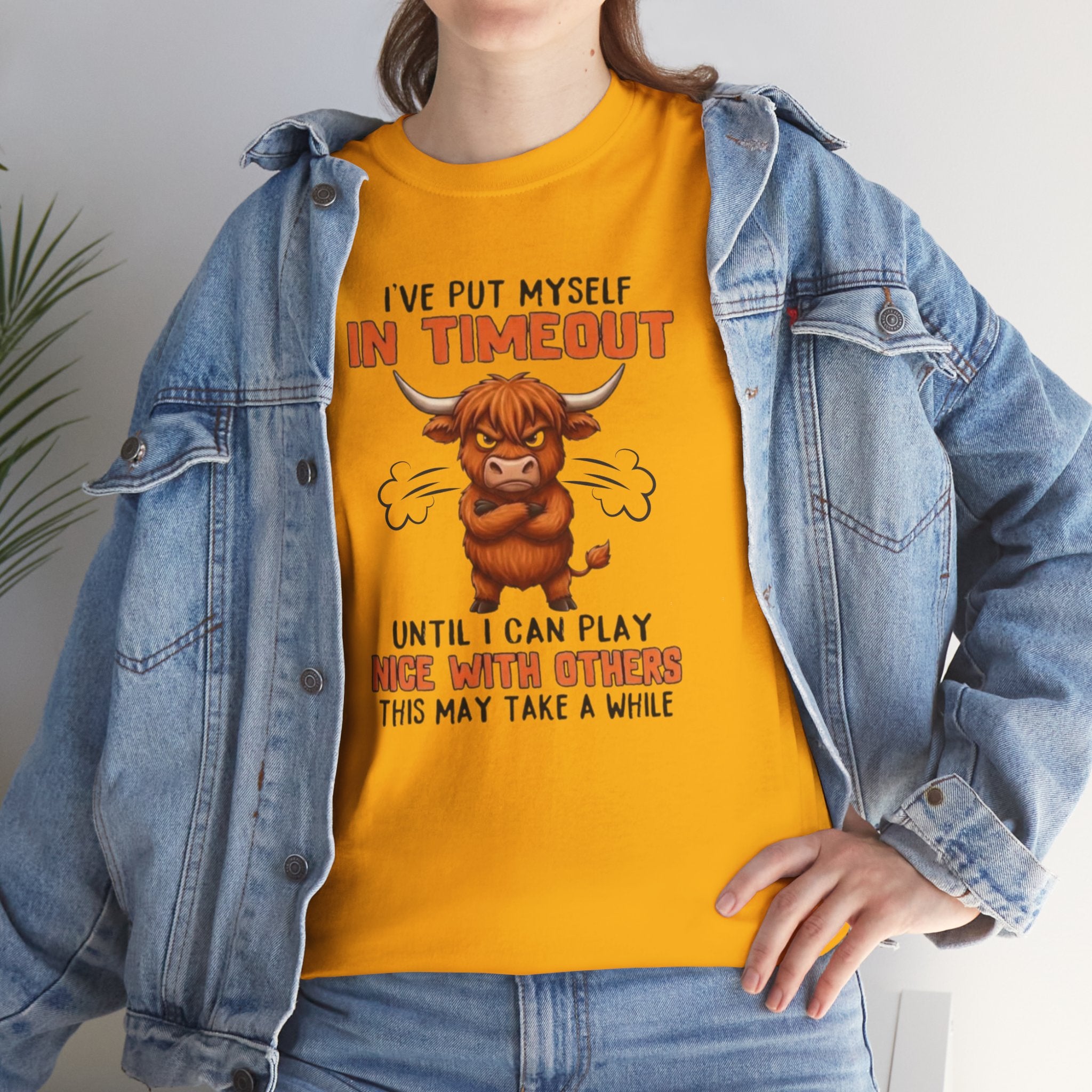 Funny 'I've Put Myself in Timeout' T-Shirt — Cute Grumpy Highland Cow Humor Tee