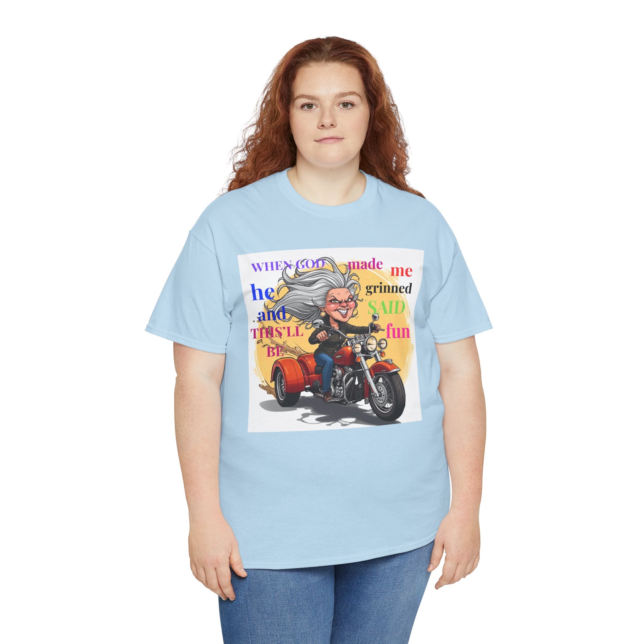Motorcycle Grandma T-Shirt — "When God Made Me He Grinned" Biker Tee