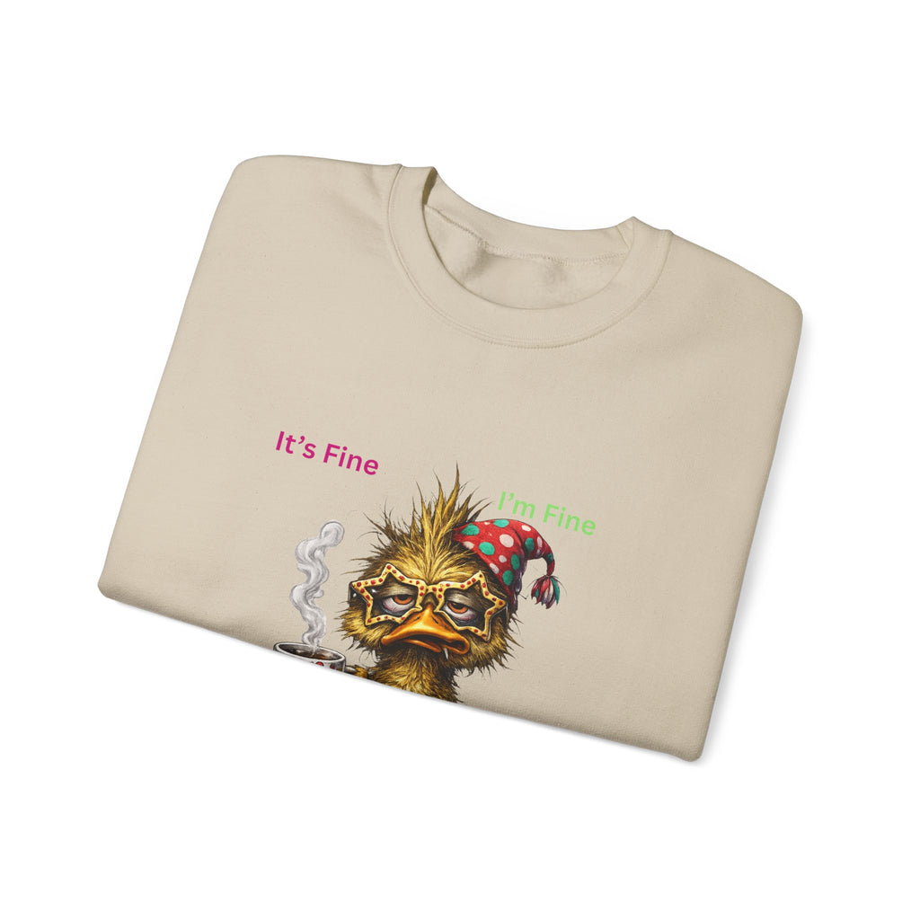Crewneck Sweatshirt — "It's Fine, I Have Coffee" Cute Sleepy Chick Coffee Sweatshirt