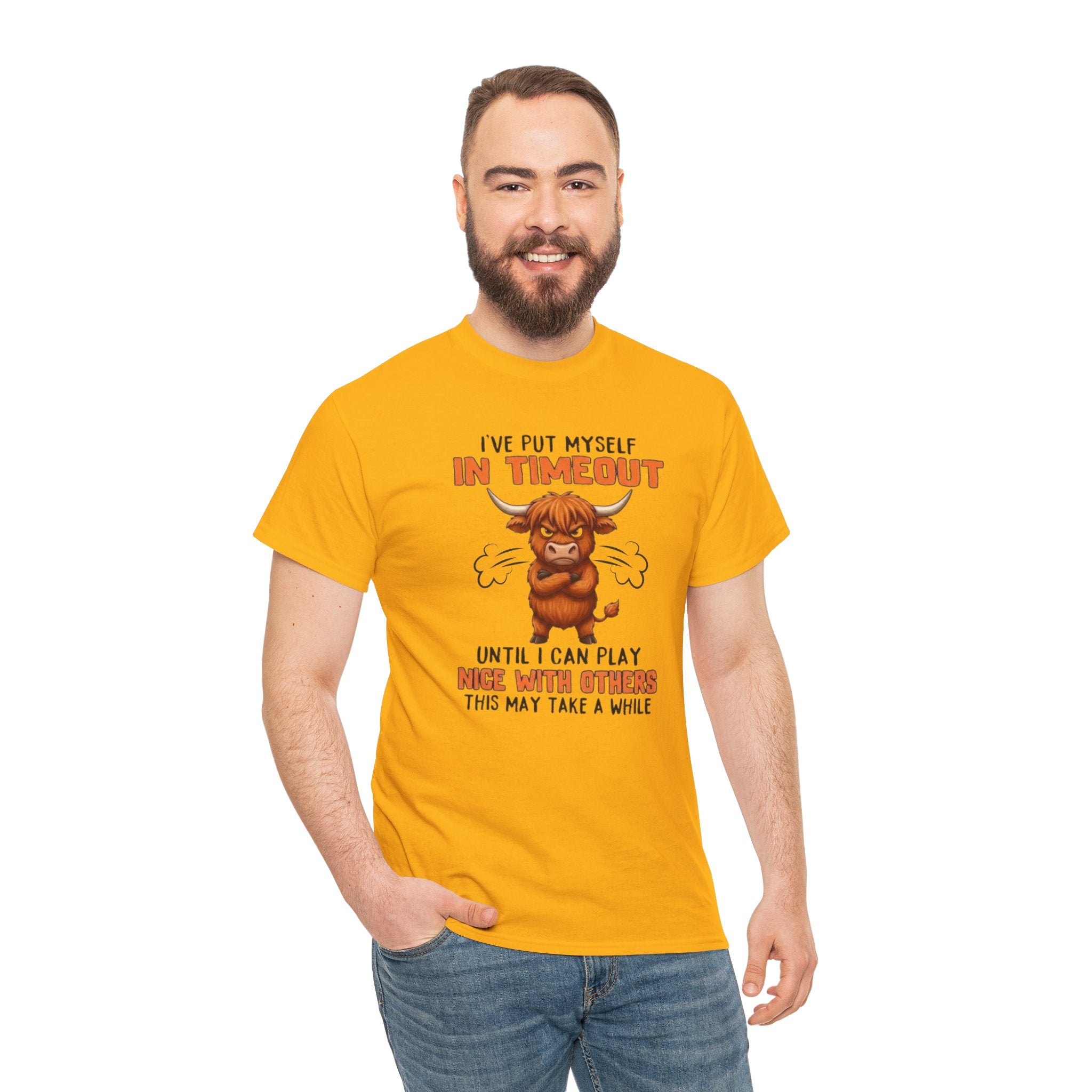Funny 'I've Put Myself in Timeout' T-Shirt — Cute Grumpy Highland Cow Humor Tee