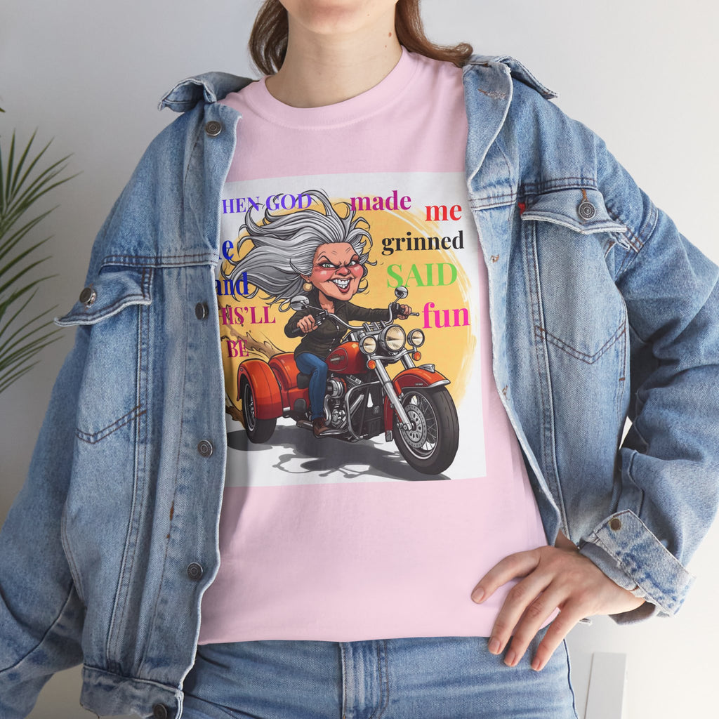 Motorcycle Grandma T-Shirt — "When God Made Me He Grinned" Biker Tee