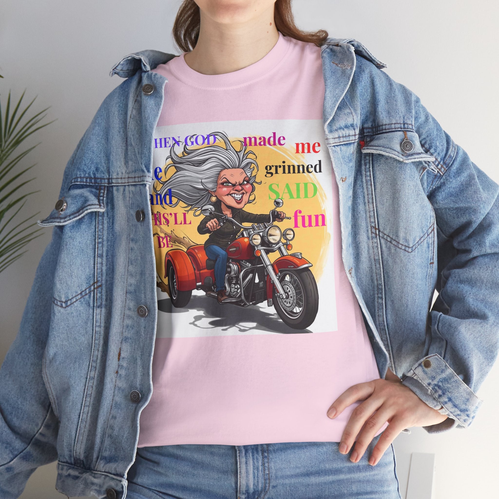 Motorcycle Grandma T-Shirt — "When God Made Me He Grinned" Biker Tee